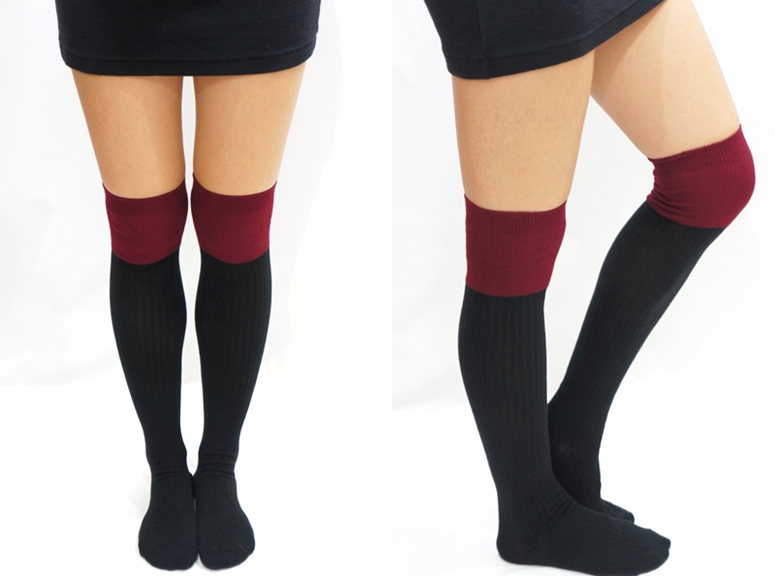 Two Tone Knitted Thigh High Socks Burgundy/Black on Luulla